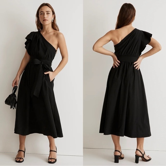 Madewell Black Belted Ruffled One-Shoulder Midi Dress Size 00 US NWT - Picture 1 of 6